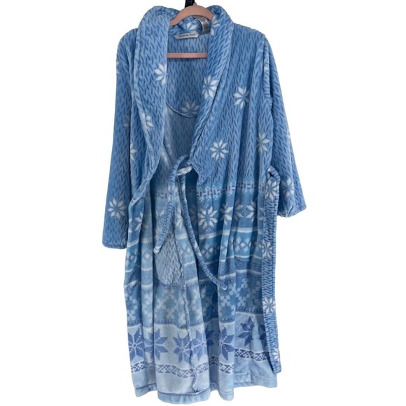 Jasmine Rose Women's Size Medium Blue/White Snowflake Print Plush Bathrobe - Picture 3 of 5